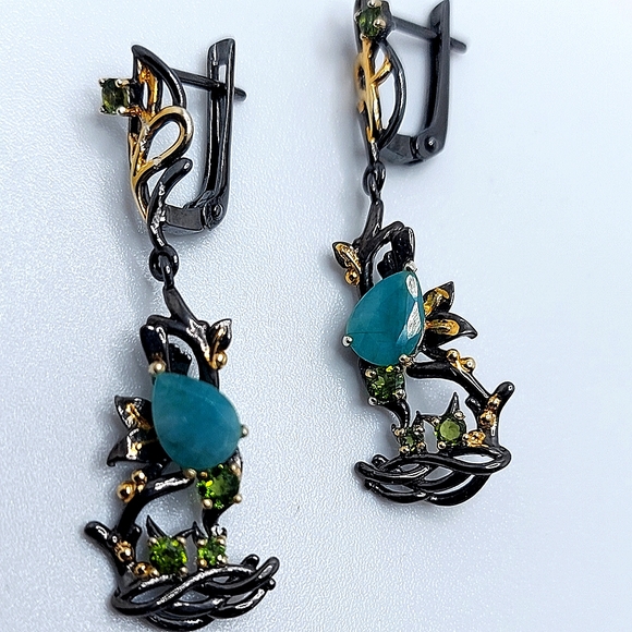 Natural Emerald 8x6mm & Chrome Diopside 925 Sterling Silver Earrings - Picture 6 of 7